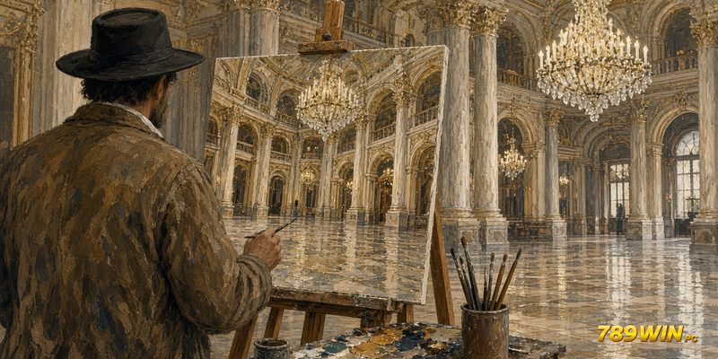 Họa sĩ phác thảo sảnh casino cổ trên giá vẽ