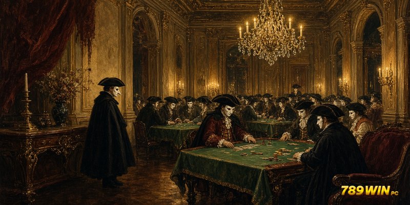 789win: sảnh Ridotto Venice năm 1638 với khách đeo mặt nạ dịp Carnevale