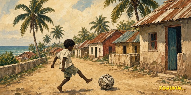 Cậu bé Eusebio đá quả bóng giấy trên phố đất ở Mozambique