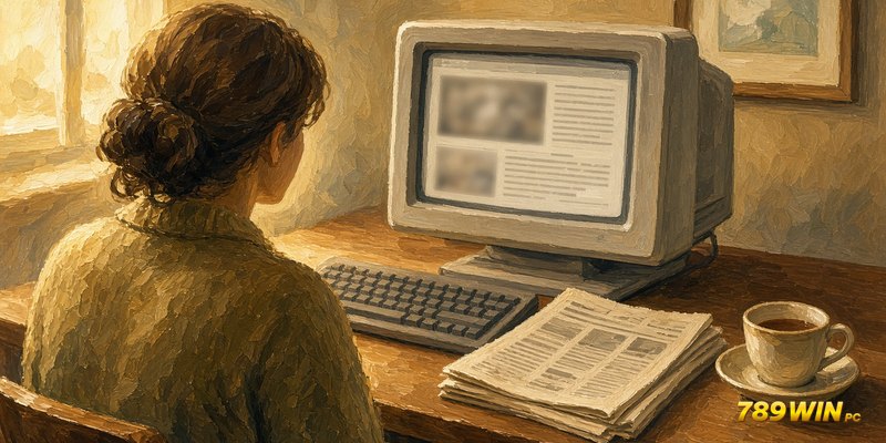 Độc giả đọc bài lịch sử trên máy tính bên tờ báo cũ