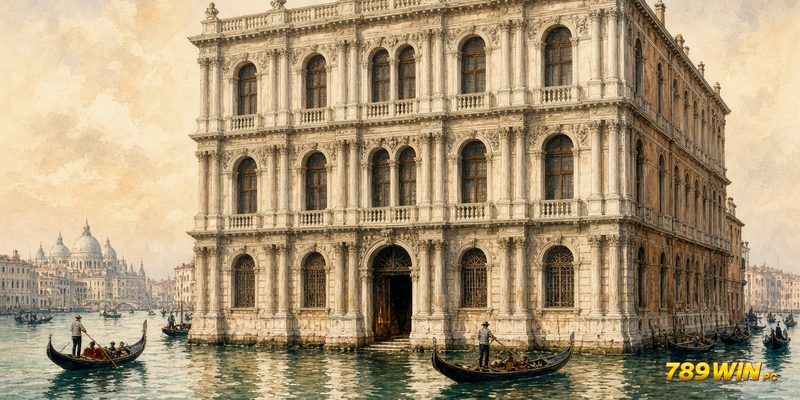 Mặt tiền đá Phục Hưng ba tầng của Ca' Vendramin Calergi với cột Corinth và cửa sổ vòm đôi