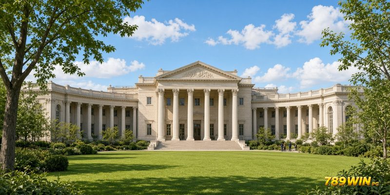 Toàn cảnh Kurhaus Baden-Baden với vườn dạo, hàng cột và dãy hành lang bên phải