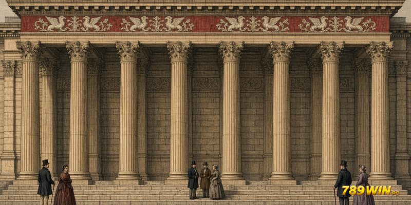 Mặt tiền tân cổ điển của Kurhaus với tám cột Corinth và diềm chim ưng sư tử đỏ trắng