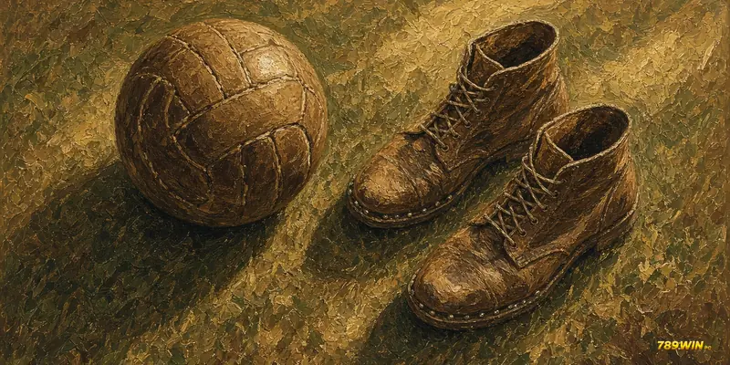 Minh hoạ lịch sử Copa America: trái bóng da cổ cạnh giày đinh cũ trên cỏ tông nâu