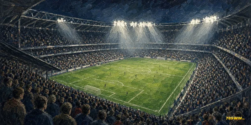 Minh hoạ lịch sử Ngoại hạng Anh: sân bóng về đêm nhìn từ góc khán đài cao với đèn pha sáng