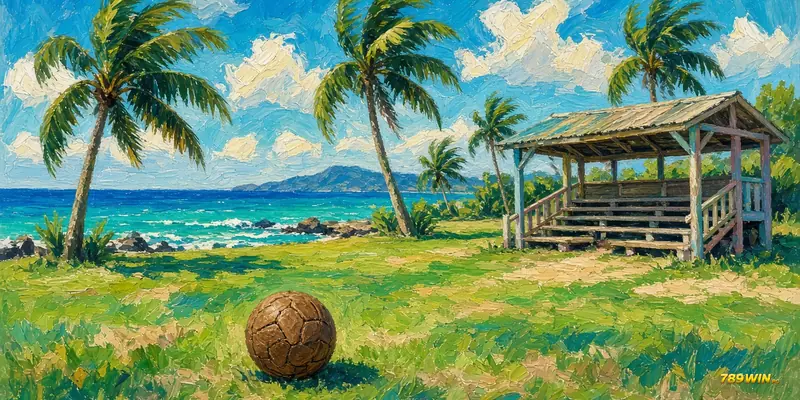 Minh hoạ lịch sử Pinnacle: sân bóng nhỏ ven biển Caribe với khán đài gỗ và trái bóng trên cỏ