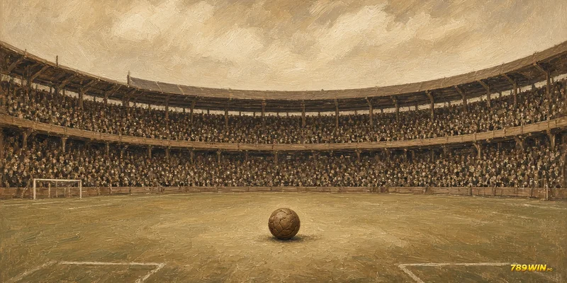 Minh hoạ lịch sử World Cup: khán đài gỗ cổ nhìn xuống sân cỏ có trái bóng da ở giữa sân