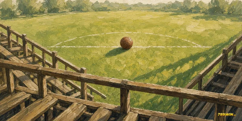 Minh hoạ lịch sử World Cup: khán đài gỗ thập niên 1930 nhìn xuống sân cỏ với trái bóng da ở chấm giữa sân