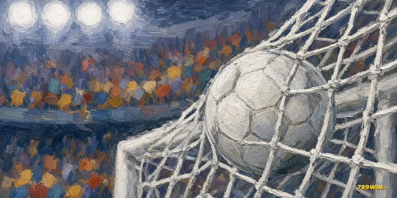 Minh hoạ lịch sử World Cup: trái bóng chạm lưới khung thành với khán đài nhòe phía sau
