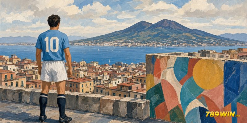 Cầu thủ số 10 áo xanh trước vịnh Naples và núi Vesuvius