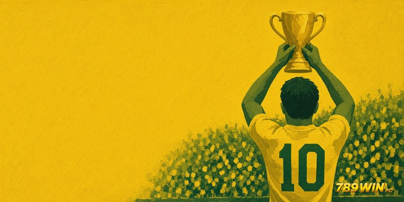 789win: tranh minh hoạ huyền thoại bóng đá Brazil áo vàng số 10 nâng cúp, phong cách poster retro