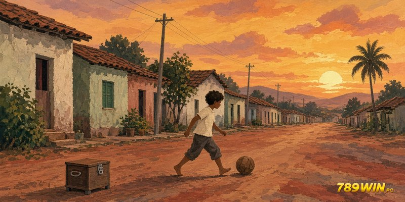 Tranh minh hoạ cậu bé Brazil thập niên 1950 chơi bóng chân trần trên con phố đất đỏ