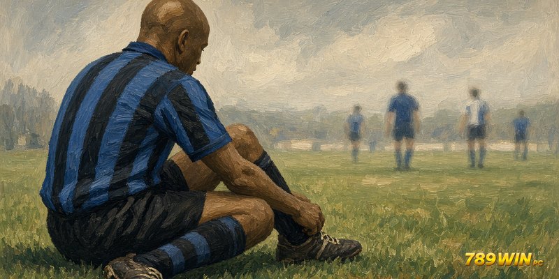 Ronaldo Nazario áo sọc xanh đen ngồi buộc dây giày